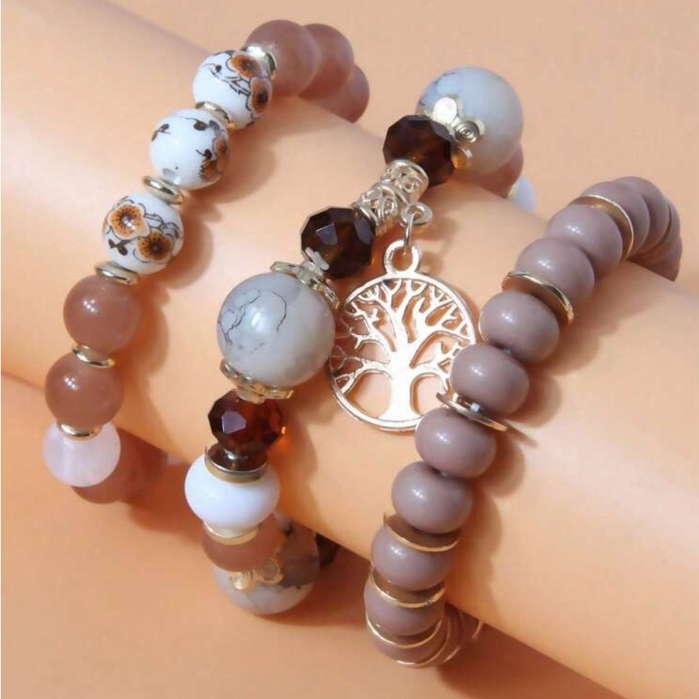 Brown and White Beaded Bracelet Set with Tree Charm